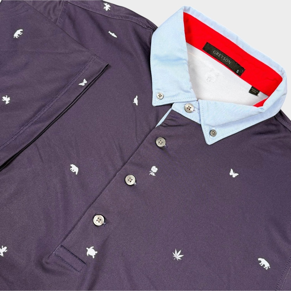 Greyson Polo Shirt Mens Small Purple Animal Print Short Sleeve Performance Golf